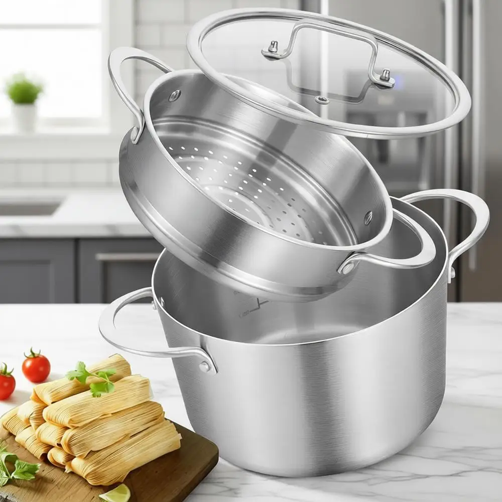 

Кастрюля из нержавеющей стали Tri-ply объемом 5 QT с пароваркой, для индукционных плит, устойчивая к высоким нагрузкам, подходит для мытья в посудомоечной машине и использования в духовке.