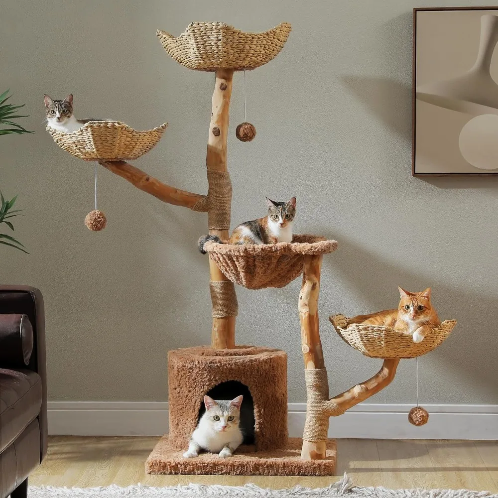 

Cat Tree for Indoor Cats Large Adults, 59 Inches Modern Cat Tower with 3 Large Baskets, Natural Solid Wood,Brown