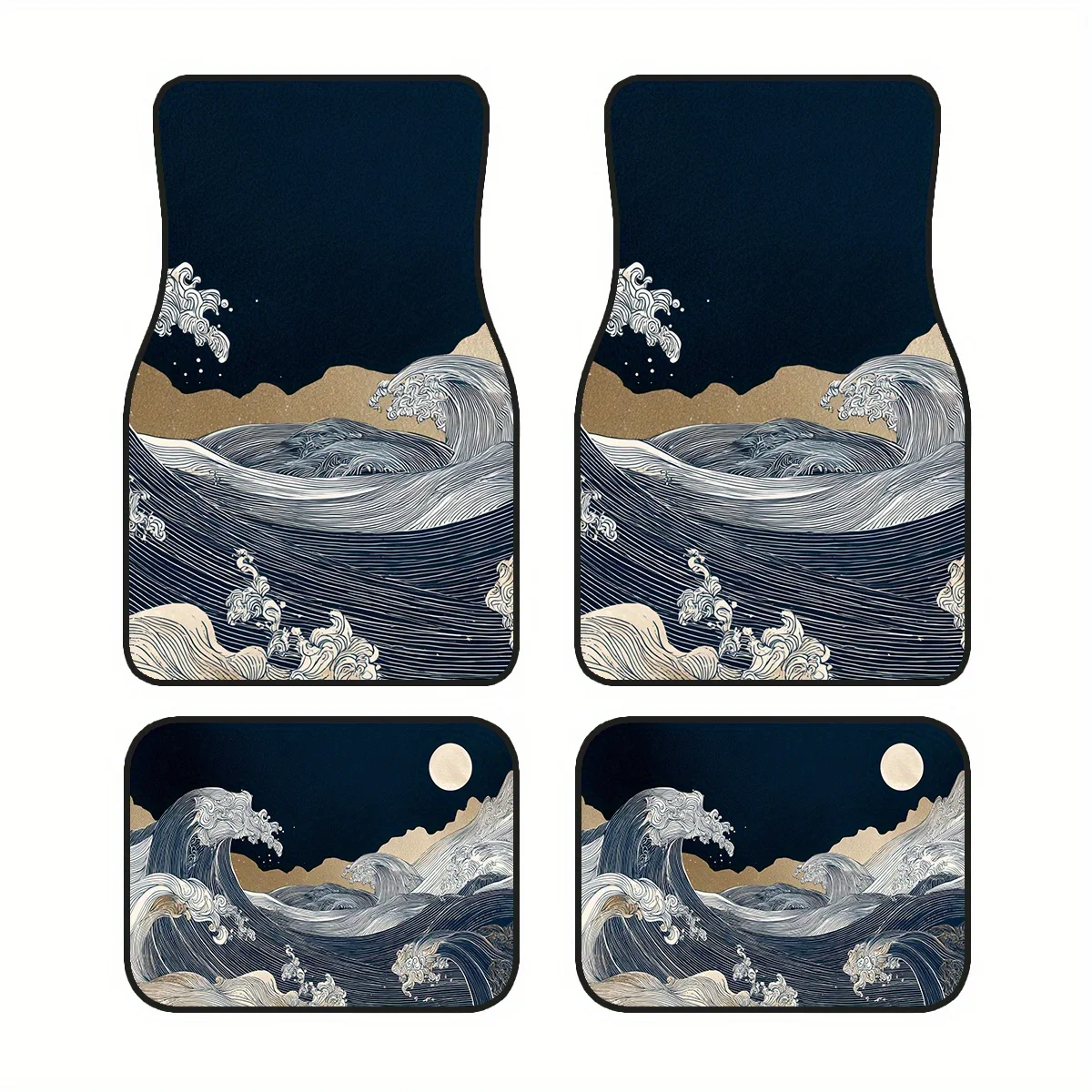 4-teiliges Set japanischer Ukiyo-e Marine-Fußmatten – rutschfeste Auto-Fußmatten, Wellen- und Mond-Design, tiefblau mit goldenem Verzierung