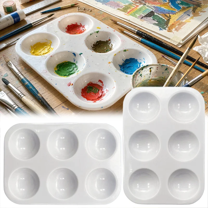 6-Hole Rectangular Plastic Paint Palette Tray Reusable White Pigment Mixing Board Deep Round Wells Smooth Center Blending TMZ