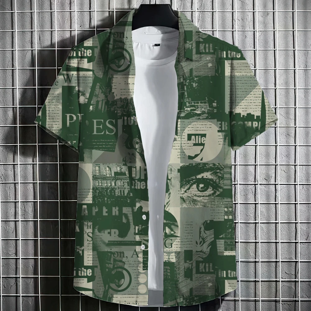 Fashion Newspaper Pattern 3D Printed Men Shirt Man/Women Casual Short Sleeves Shirts Button Lapel Tops Oversized Unisex Clothing