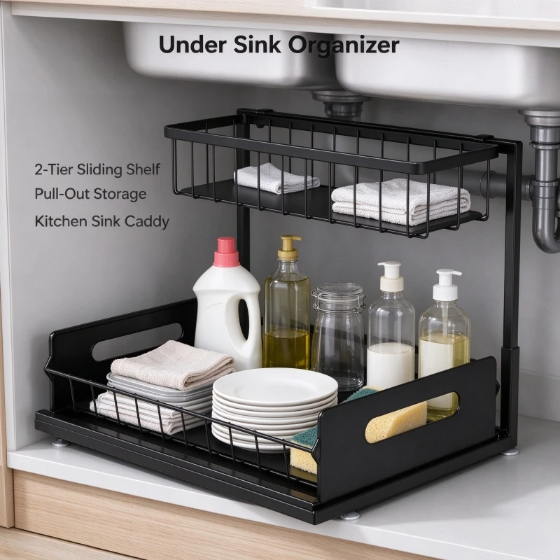 Stocking Stuffers 2‑Tier Pull Out Under‑Sink Organizer, Slide Out Cabinet Storage Shelf, Space‑Saving Undersink Rack, Practical