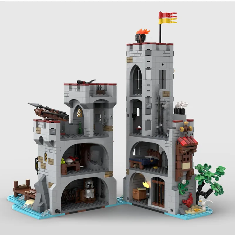 1321 Uds. Torre de mercado costero Medieval, bloque de construcción Modular, modelo de arquitectura Retro, juguete de exhibición, montaje para niños, regalos de cumpleaños