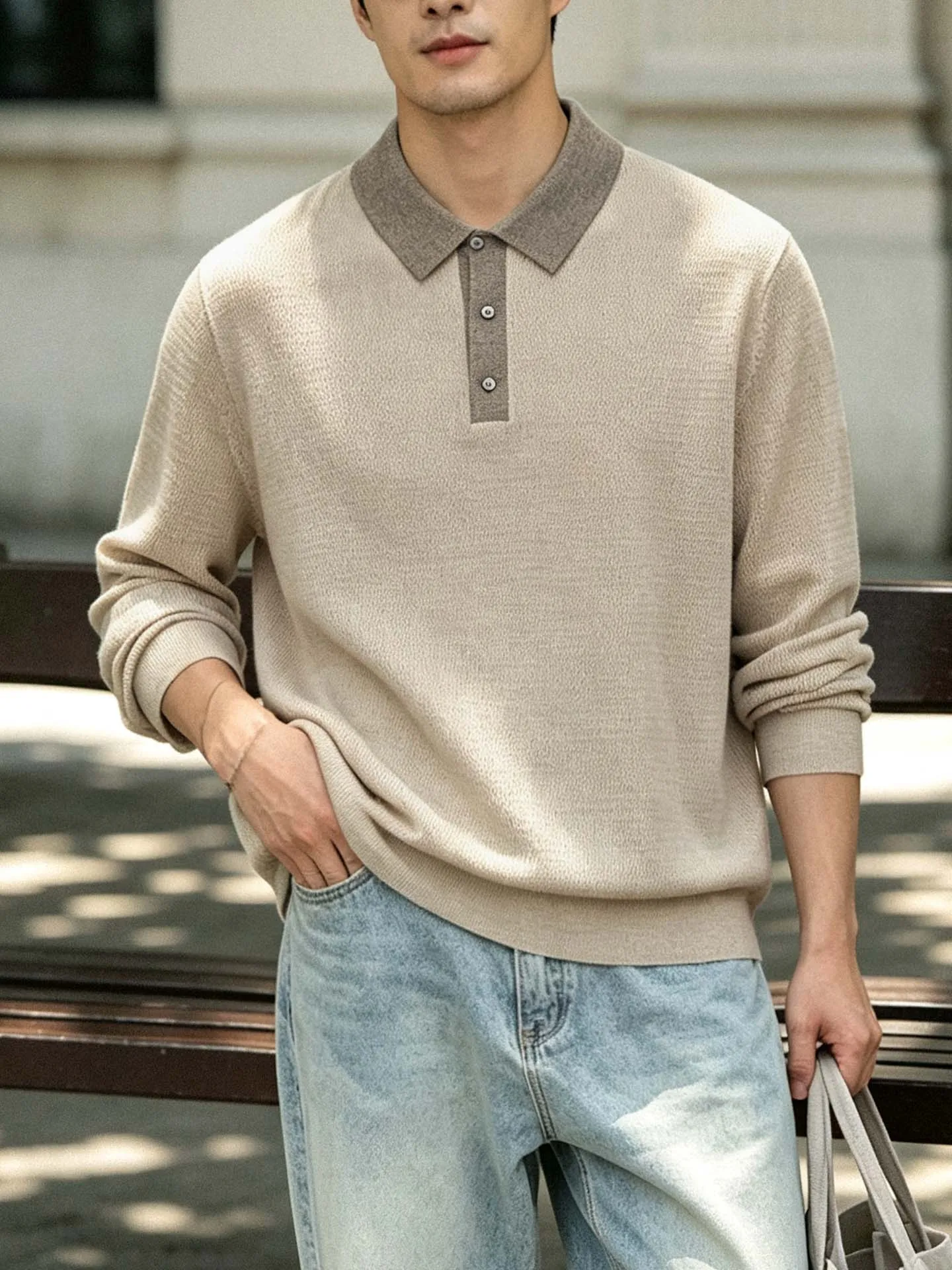 Khaki Collar Long Sleeve Knitted Sweater for Men Commute Basic Breathable Casual Style Cotton Blend Knit Base Shirt