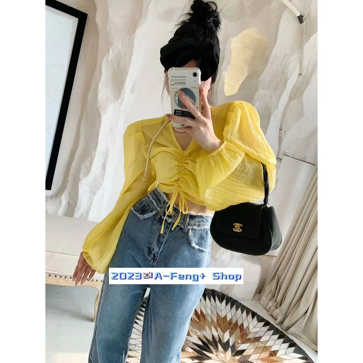 2024 Spring New Korean Style V-neck Bubble Sleeve Drawstring Top with Female Sensation Micro Transparent Thin Shirt