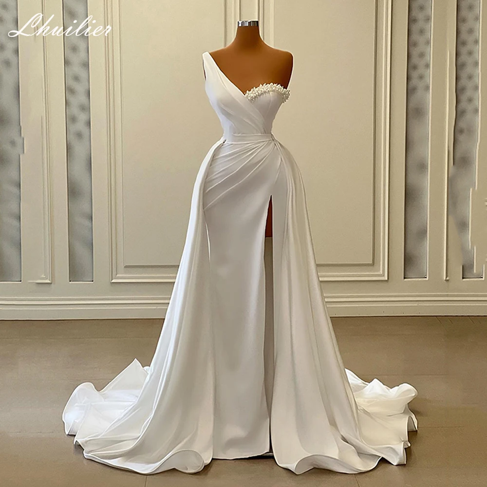 Lhuillier Mermaid Satin Wedding Dresses Sleeveless Pearls Beaded One Shoulder High Split Bridal Dress with Detachable Train