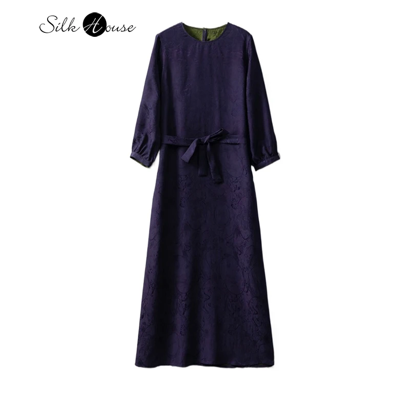 Double Sided 100% Natural Mulberry Silk Crochet Jacquard Women's Round Neck Three-quarters Sleeve Lace Up Waist Dress