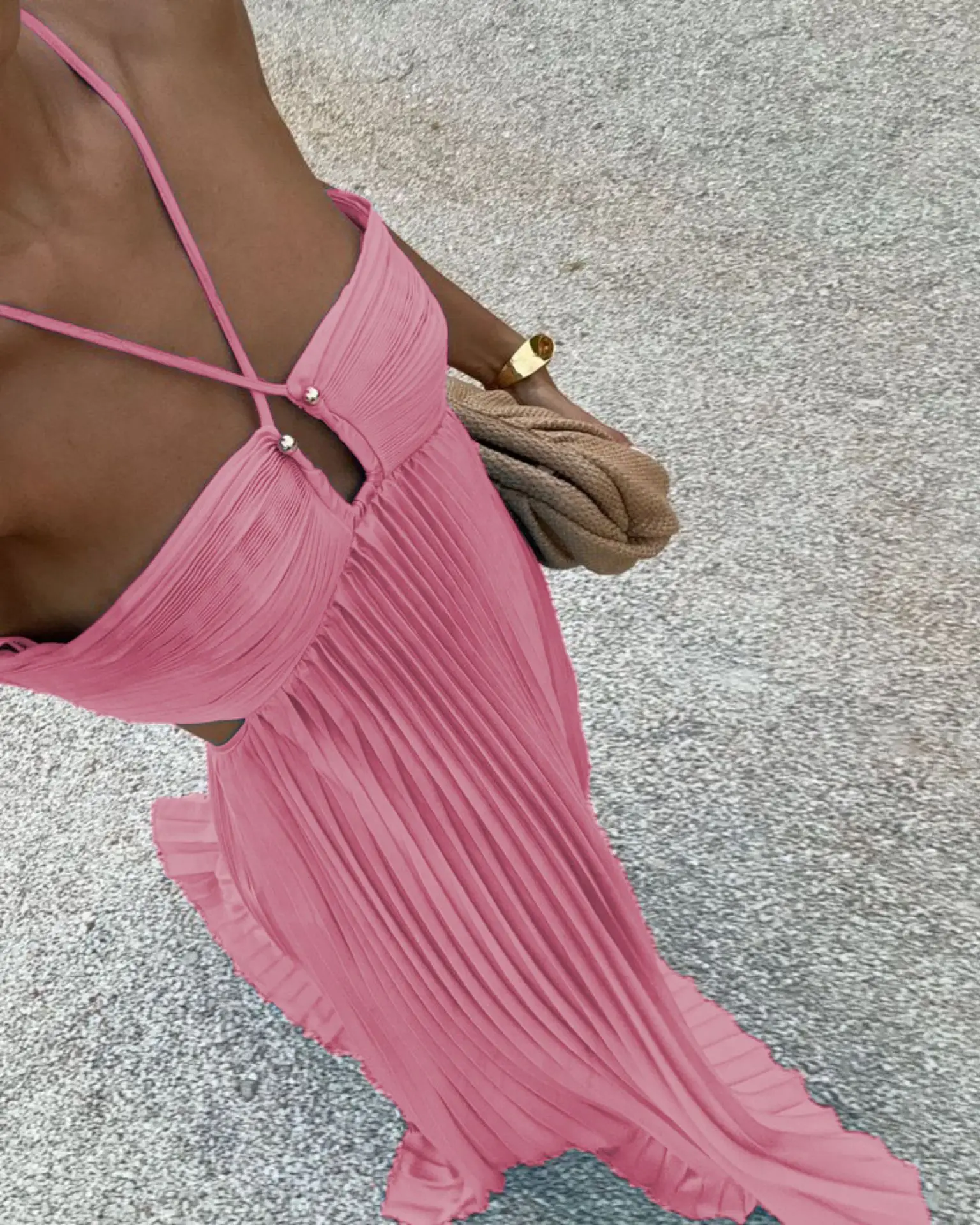 Blue Pleated Halter Long Dress Women's Solid Sleeveless Backless Lace-up Maxi Dress Summer Beach Vacation Evening Party Vestidos