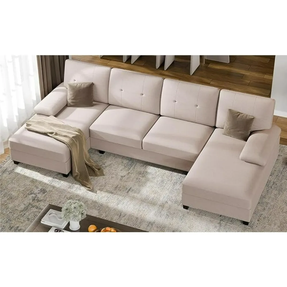 Sectional Couches, 4 Seat Sofa Set U-Shaped Couch with Wide Double Chaise Lounges, 106in Fabric Large Couch, Living Room sofas