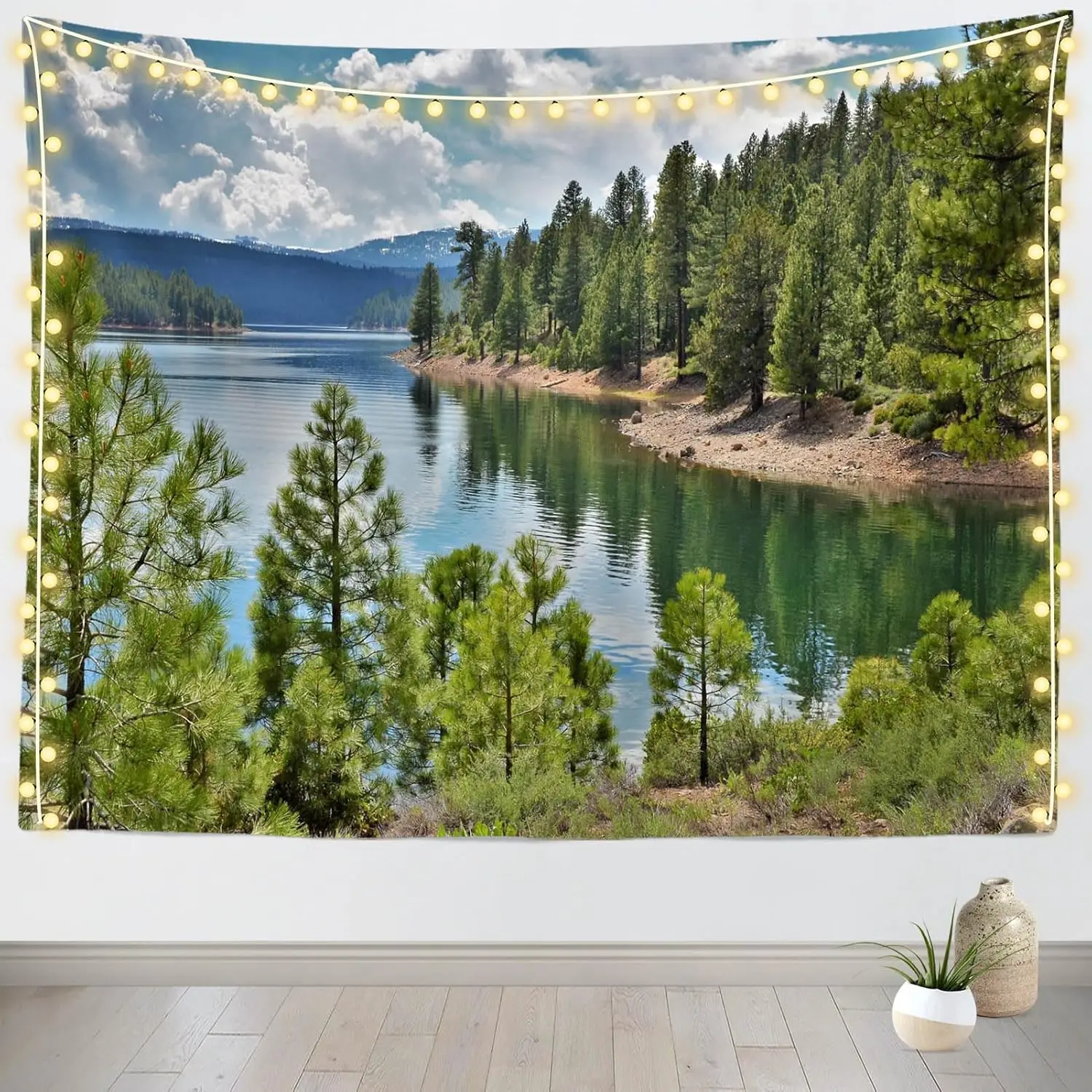 Forest Lake Tapestry Tahoe National Park Lakeside Green Trees Blue Sky Clouds Tapestry Summer Camping Wall Decor Home Bedroom