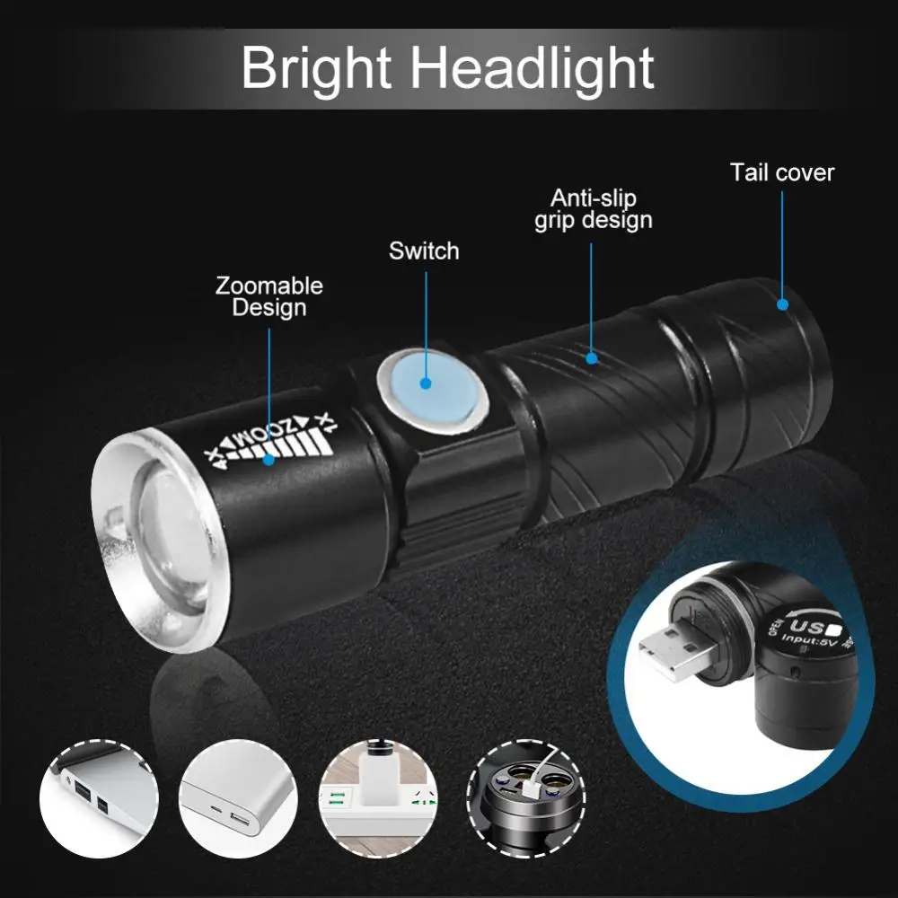 Led Mini Flashlight Telescopic Zoom Tactical Torch USB Rechargeable Waterproof Outdoor Camping Bike Lights with Bottom Magnet