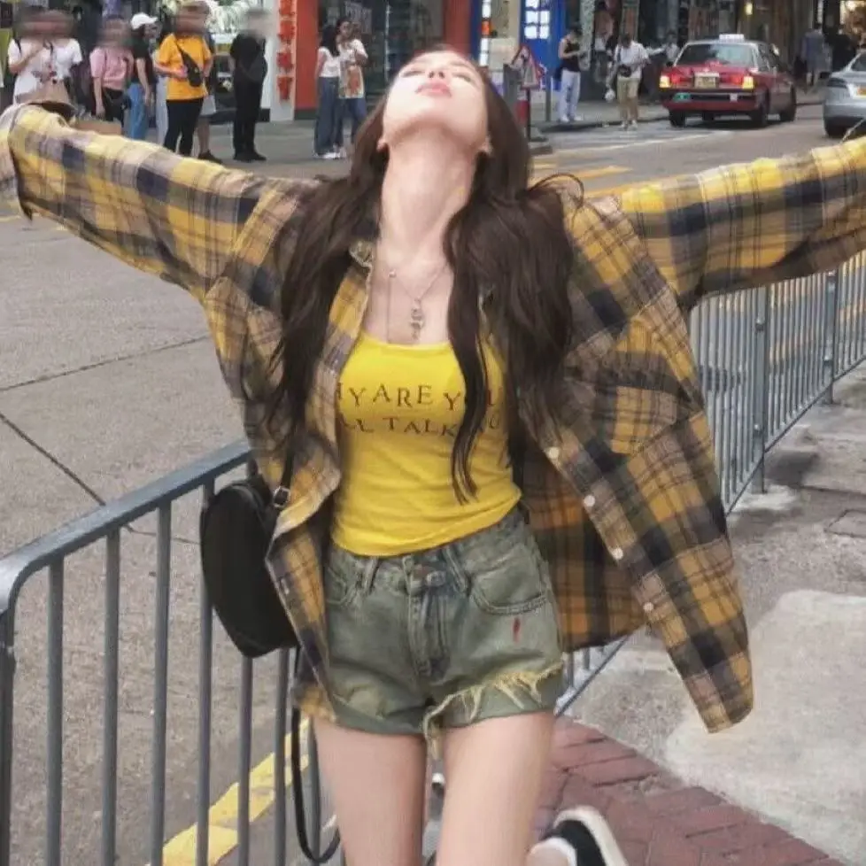 Chic giallo scozzese vestibilità ampia da donna sottile coreano Sle Pendolarismo Faion Capispalla Protezione solare Colletto lungo Sve