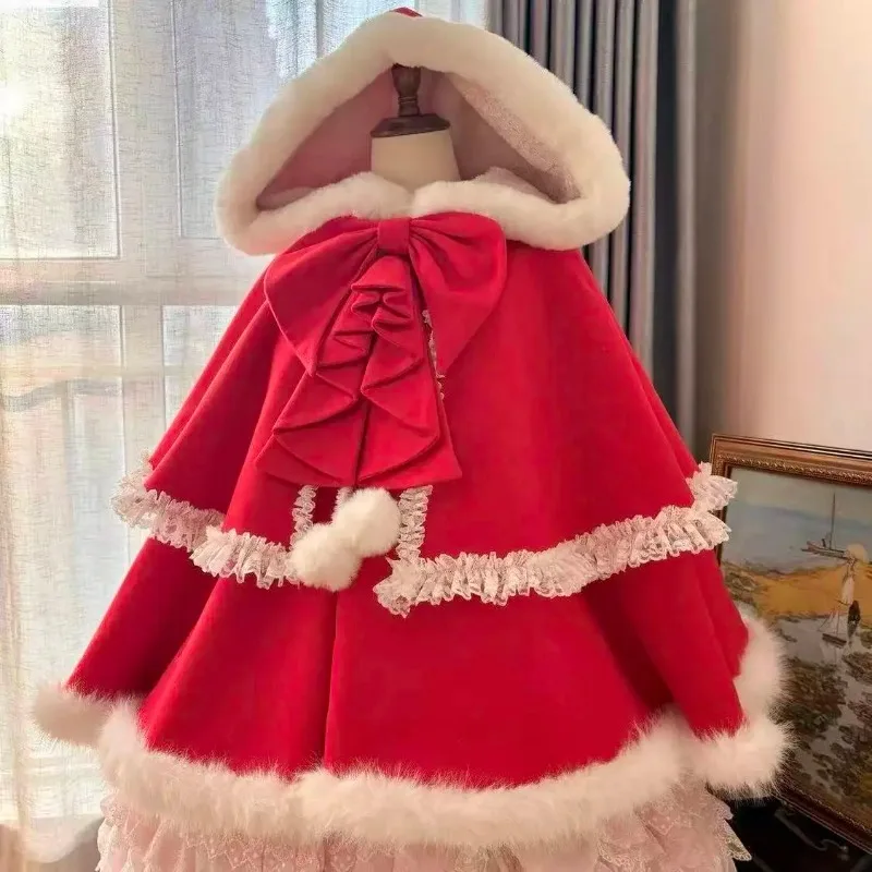 

Japanese Lolita Kawaii Cloak Jacket Y2k Aesthetic Sweet Hooded Coat Outwear Women Bow Lace Korean Fashion Clothing Chic