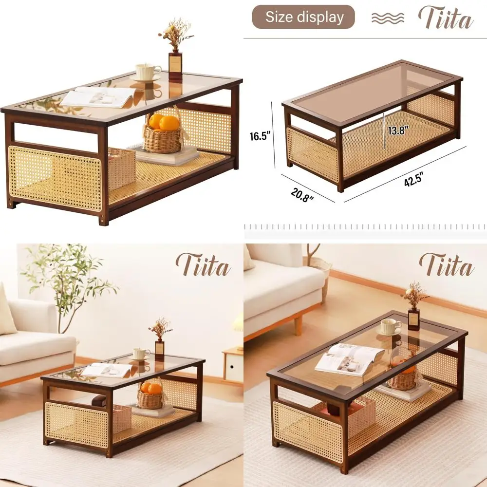 

Mid-Century Modern 2-Tier Rattan Glass Coffee Table for Living Room Storage