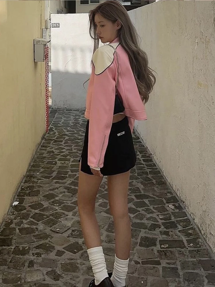 Słodki, stylowy, różowy skórzany płaszcz motocyklowy Jaet dla kobiet, pikantny, jesienny/zimowy nowy model w małych rozmiarach z ekoskóry PU...