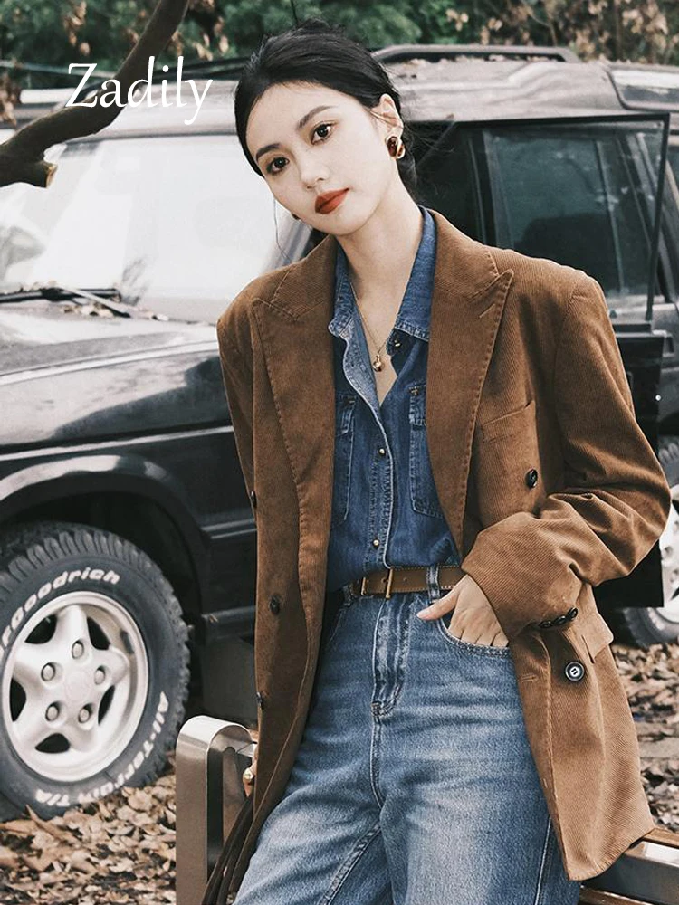 Zadily 2024 Spring Office Lady Long Sleeve Women Brown Blazer Vintage Corduroy Button Up Work Woman Suit Female Coat Clothing