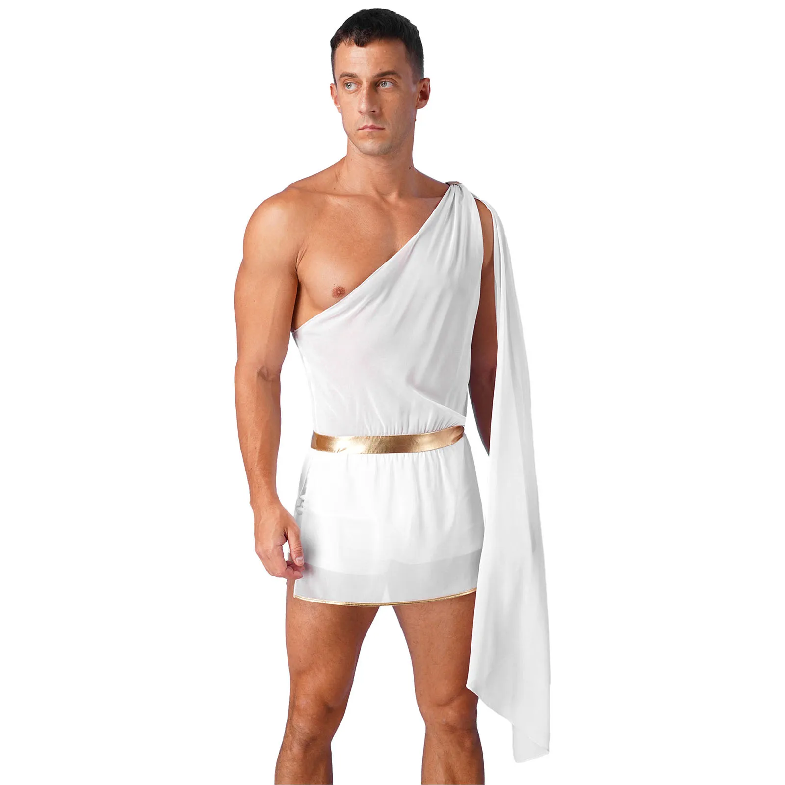 

Mens Halloween Ancient Greek God Costumes Party Mr Toga Cosplay Jumpsuit One Shoulder Shorts with Slit Skirt Bodysuit Nightclub