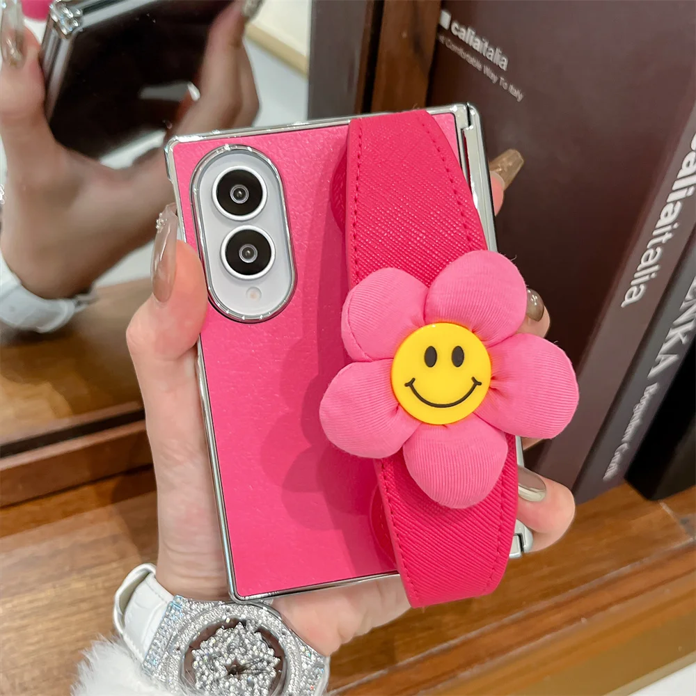 Kawaii 3D Smile Flower Phone Case For Samsung Galaxy Z Fold 8 Pink Leather Shockproof Protective Cover For Z Fold8 Foldable