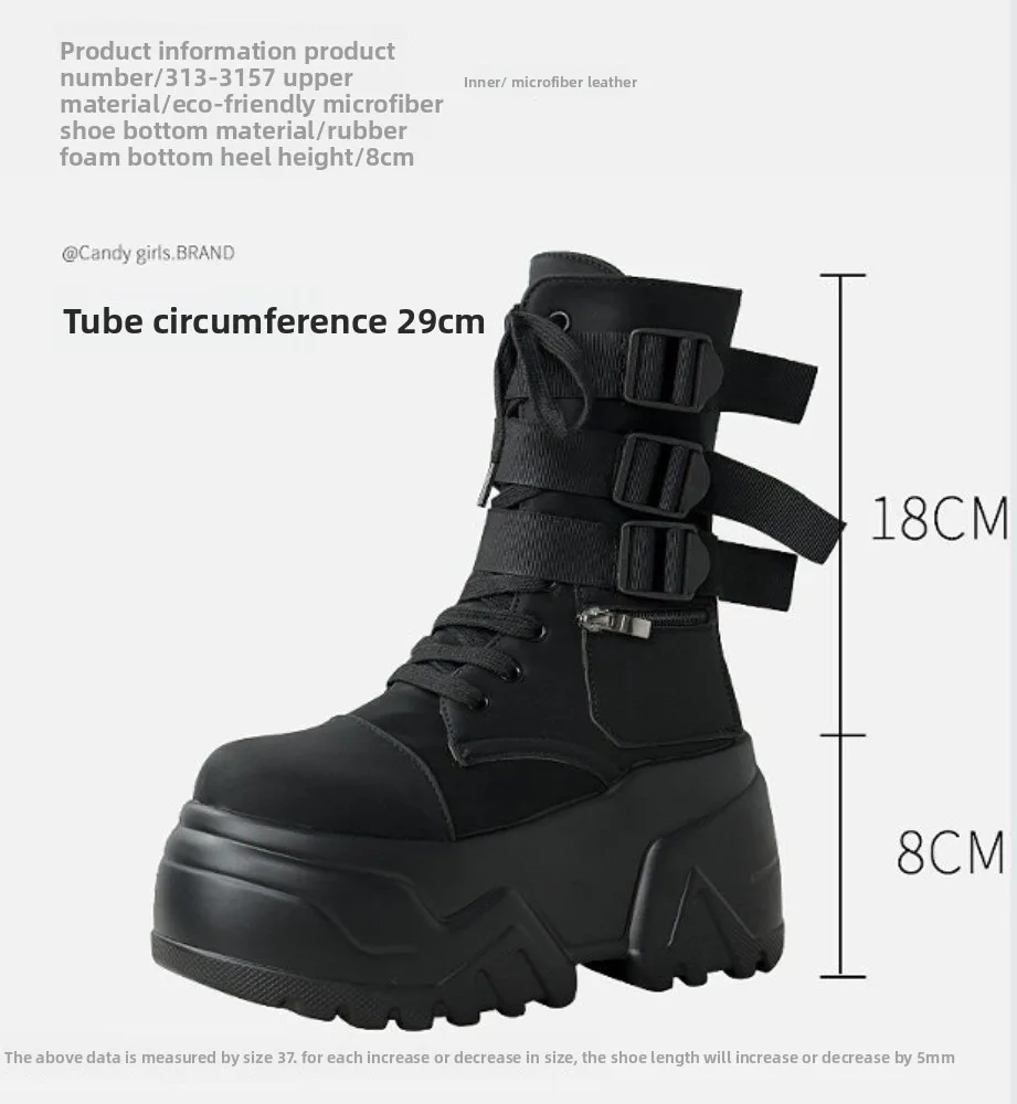 Neue schwarze Plateau-Stiefel im spanischen Stil, mittelhohe Stiefel mit seitlichem Reißverschluss und Schnürung, dunkle Punk-Ritterstiefel mit mehreren Riemen und Schnallen, die die Körpergröße optisch erhöhen. – Detail 6