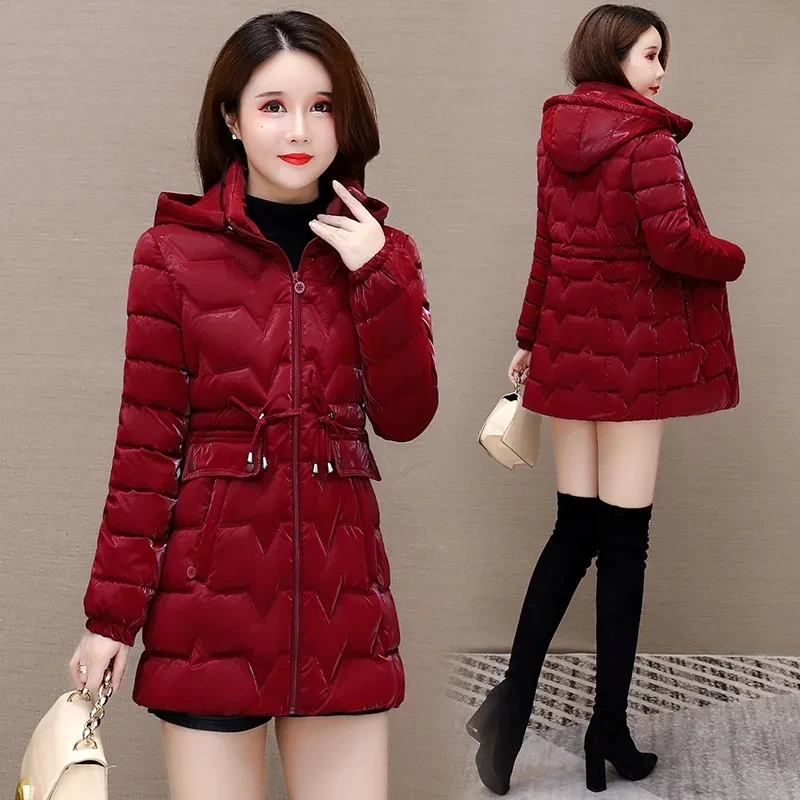 Pearlescent Glossy Disposable Cotton-padded Coat 2023New Long Slim Mother Hooded Padded Warm Down Cotton-padded Jacket Coat Lady