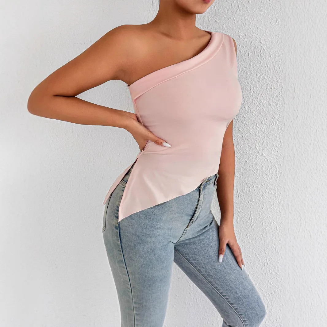 Abbigliamento estivo da donna con collo diagonale Top New T-shirt con spacco laterale in tinta unita con una parola Taglie forti 9XL 8XL 7XL 6XL