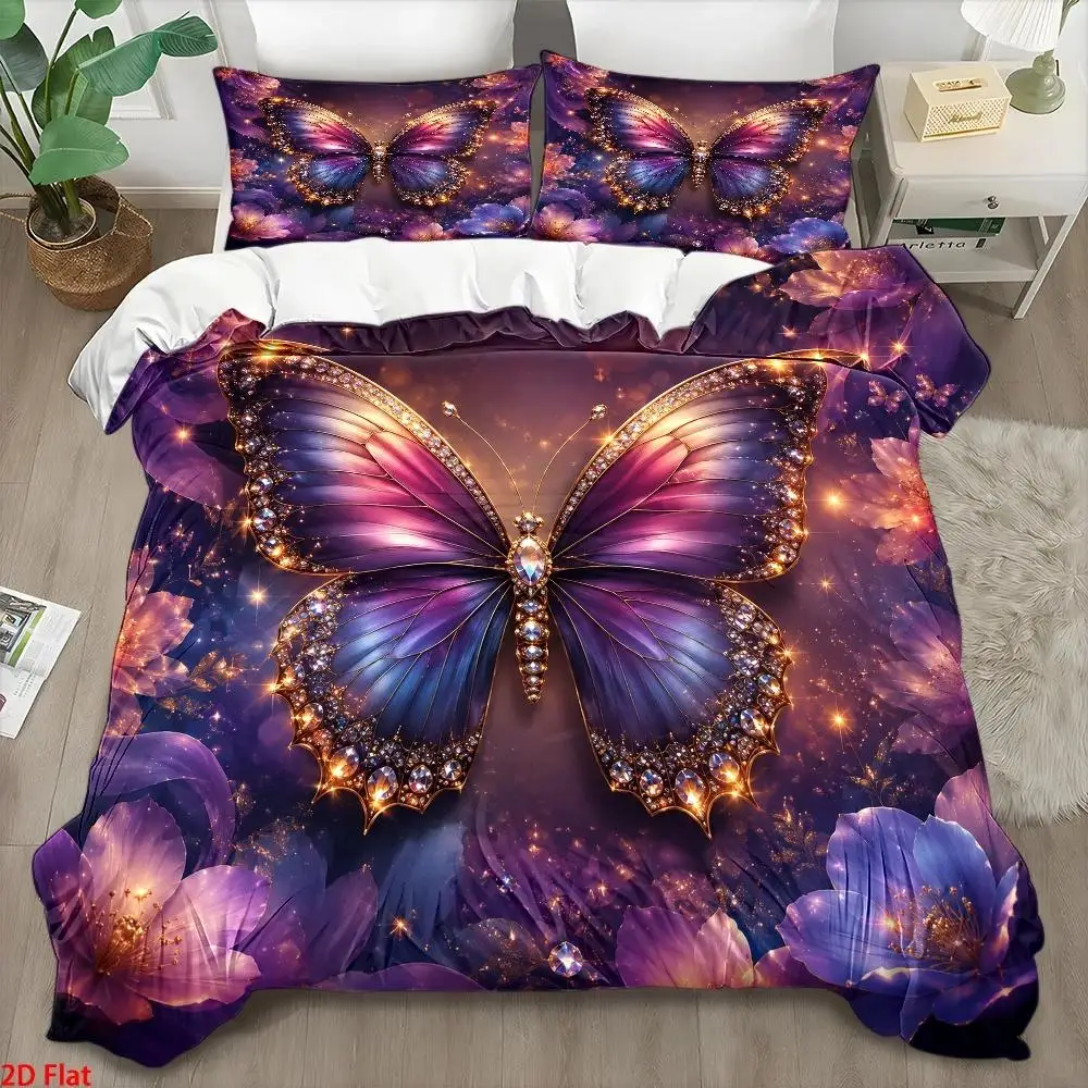 3Pc Light Luxury Style Butterfly Print Quilt Cover Set, 1*Quilt Cover + 2*Pillowcases, Nordic Style Double Bedding Set, Skin-Friendly Breathable Polyester Woven Bedding, Invisible Zipper Closure, Suitable for All Seasons, Soft and Comfortable, Easy to Clean, Durable, Machine Washable, Wrinkle-Resistant, Cozy Home Bedroom Decor, Suitable for Student Dormitory, Master Bedroom, Guest Room, Quilted Duvet Cover for Large Double Bed, Modern Minimalist 3Pcs Bedding Set