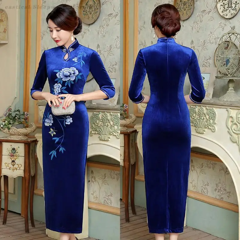 

New Velvet Cheongsam Retro Stand Up Collar Chinese Style Dress Autumn Winter Velour Long Qipao Traditional Oriental Clothing