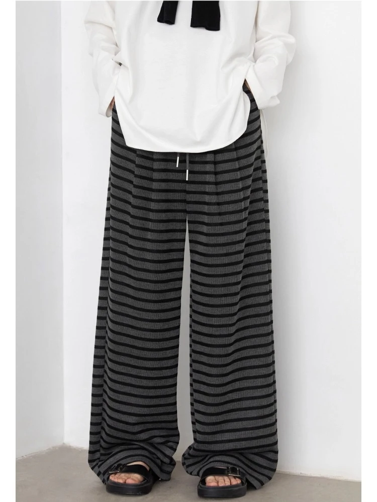 شيك فين النساء السراويل فضفاضة عادية مخطط بنطال ذو قصة أرجل واسعة معلقة مستقيم بناطيل كاجوال ربيع الخريف النساء 2025