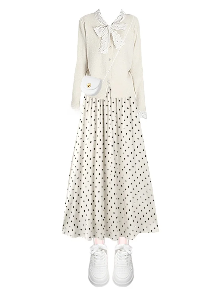 슬리밍 폴카 도트 테르 네 니트 스웨터와 스커트 세트 여성용 가을 겨울 롱 스웨트 패션 캐주얼웨어