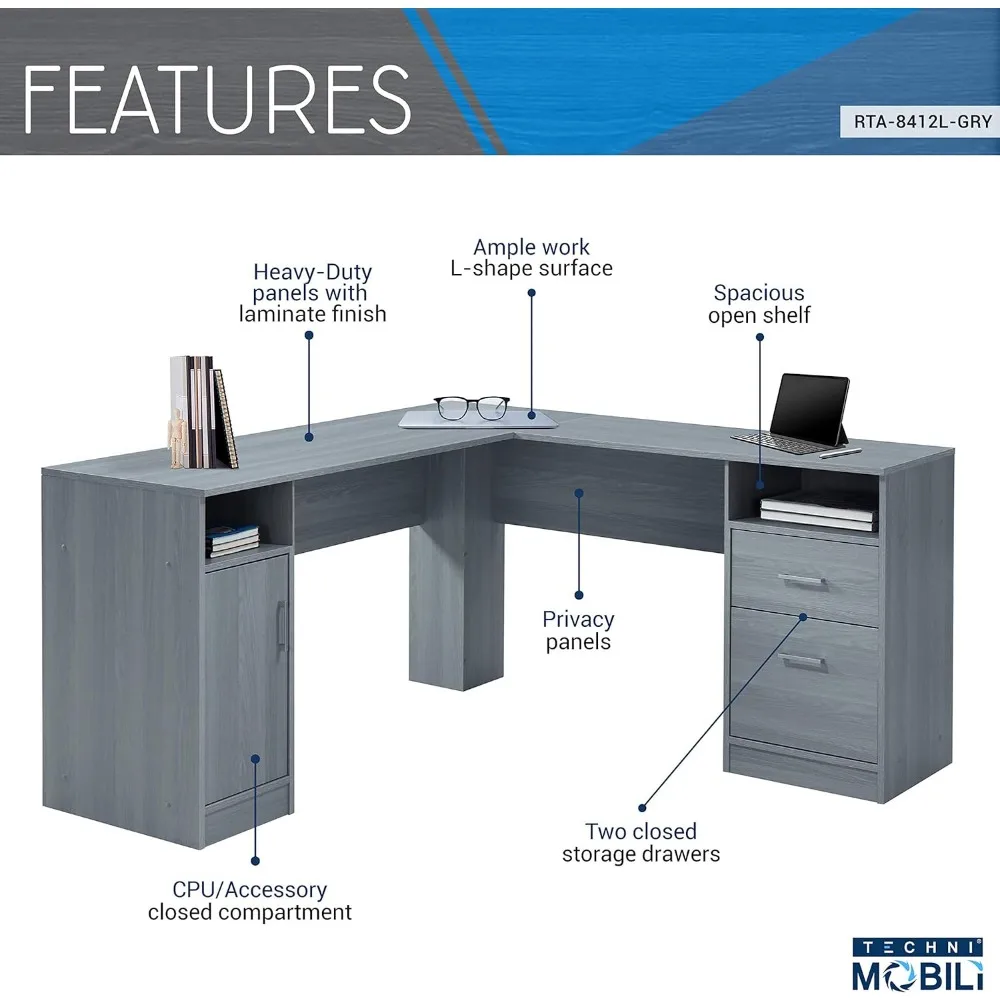 Escritorio contemporáneo gris en forma de L con almacenamiento, 59,5 de ancho por 59,5 de largo
