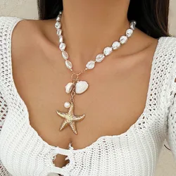 Boho Conch Sea Star Shell Pendant Collar Necklace Women's 2024 Multi layered Pearl Imitation Girl Fashion Beach Jewelry