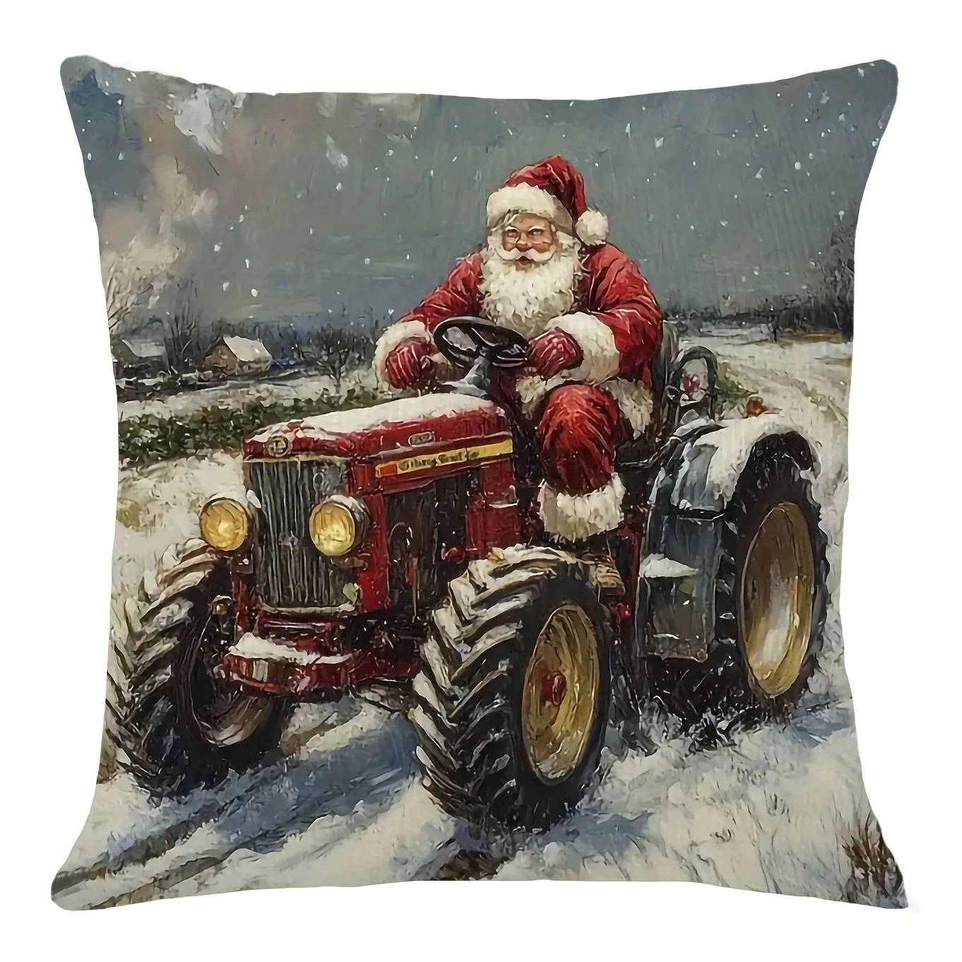 Santa Claus Driving Tractor Double Sided Pillowcase Square Home Decor Cushion Cover Room No Insert