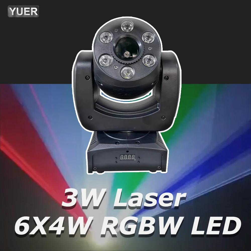 YUER-LED RGB Moving Head Light, Scanning Padrão, Animação Wash, Efeitos para DJ, Bares, Clubes, Casamento, DMX, 3W Laser, 6x4W, Novo