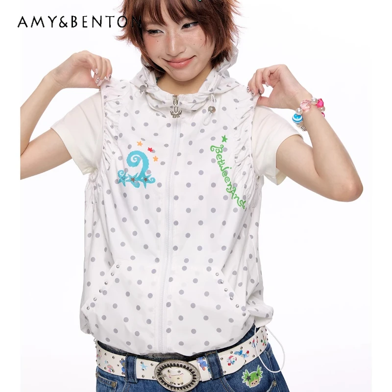 

Japanese New White Polka Dot Hooded Zipper Women's Vest Jacket Summer Design Versatile Sleeveless Short Sleeve Top Coat Ladies