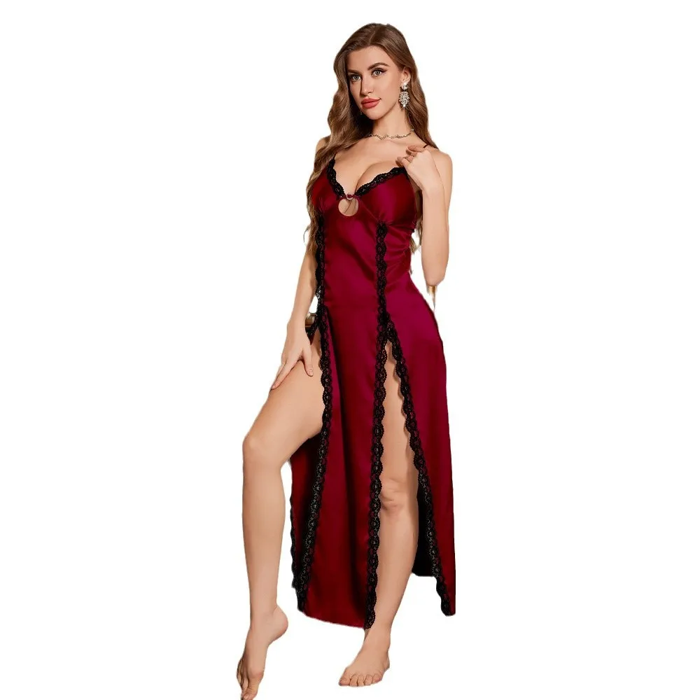 New Style Pajamas Women's Ice Silk Fashion Sexy V-neck Sling Slit Long Nightgown Sleep Dress