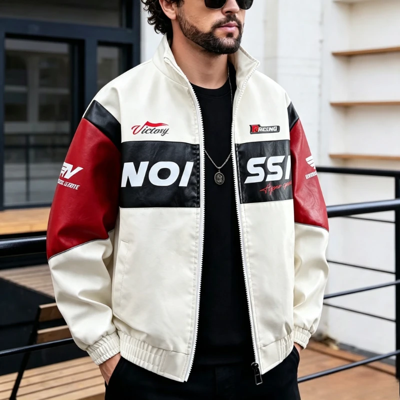 Men's Color Block Motorcycle Leather Jacket New Streetwear Ruffian Trendy Advanced Motorbiker Coat Men Zipper PU Leather Jackets