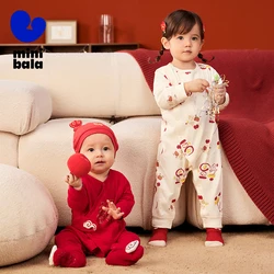Mini Bala puur katoenen romper voor baby 2025, nieuwe lente, nieuwe pasgeboren rode kruipoutfit, baby-eendelige outfit