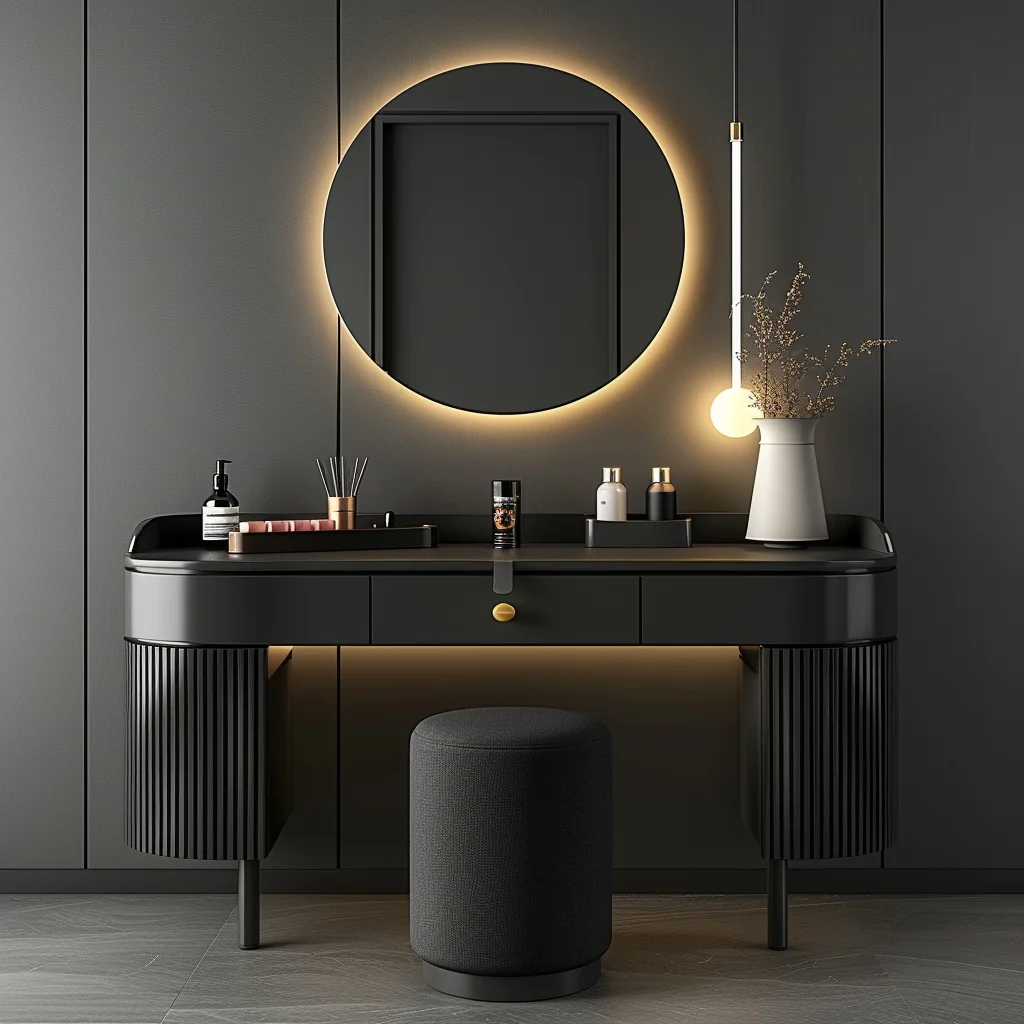 !@Modern Black LED Vanity Makeup Desk Steel Storage Drawers Women's Cabinet Dressing Table Wood Vanities for Bedroom Apartment U