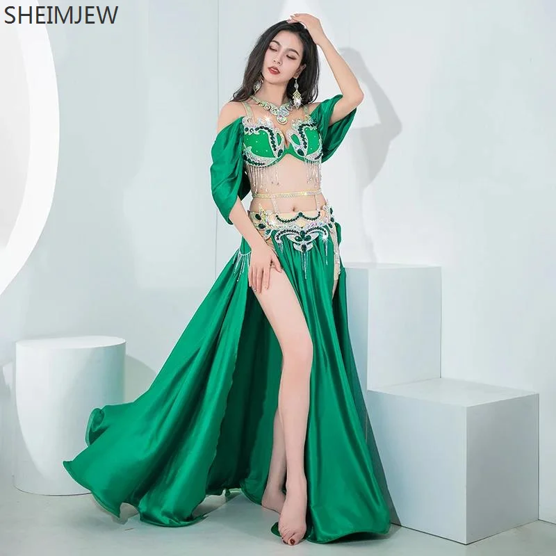 New Belly Dance Performance Set Women Oriental Belly Dance Stage Costume Premium Ab Stone Bra Satin Slit Maxi Skirt 2 Piece Sets