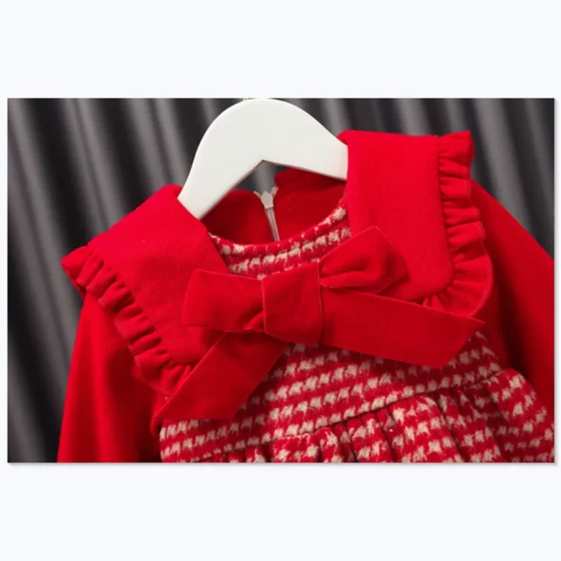 2023 Winter Warm 12M 24M 1 2-6 Years Children Birthday Gift Red Big Ear Collar Thicken Princess Bowtie Dress For Kids Baby Girls