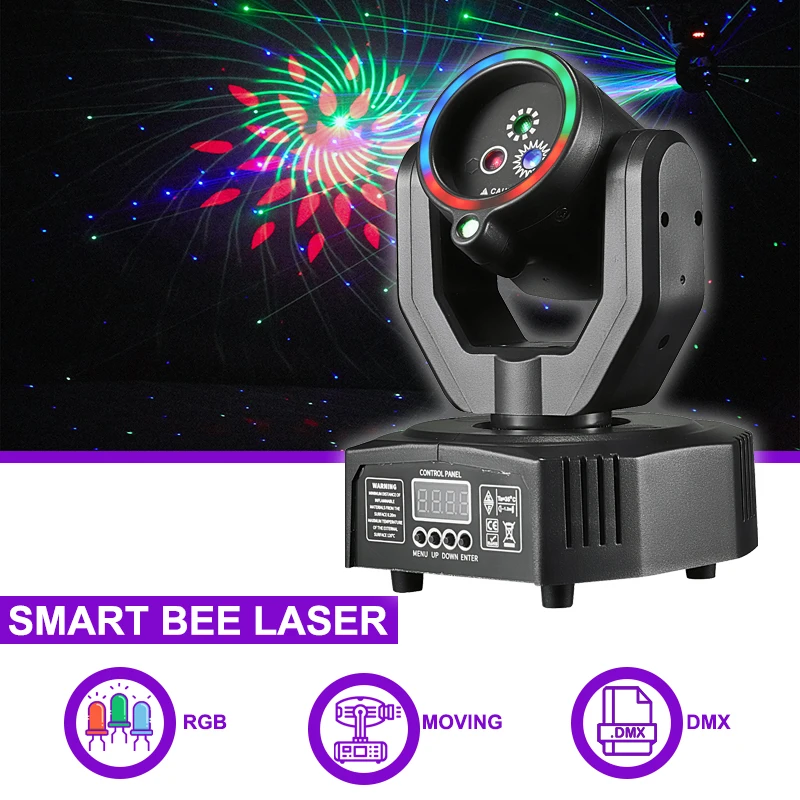 Sunart Moving Head Laser-Bühnenbeleuchtung für DJ, Disco, Nachtclubs, Bars, Events, Shows, RGB-Farbe mit Muster, DMX-Gerät