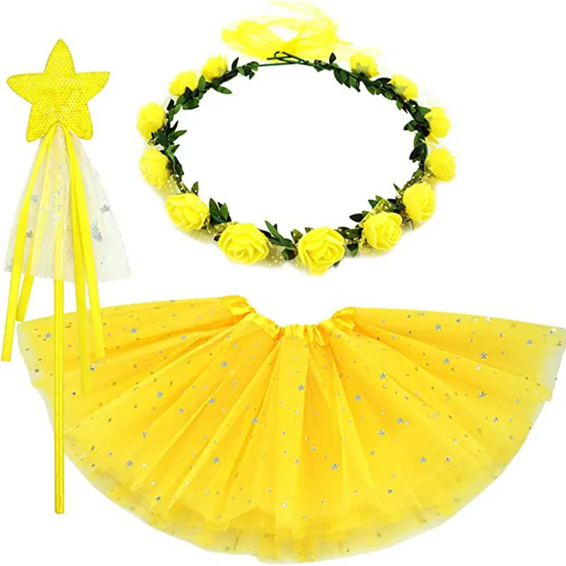 女の子プリンセス妖精チュチュスカート、フラワークラウンリースヘッドバンド、魔法の杖付き、誕生日パーティーの記念品、コスチューム、コスプレ、ハロウィン