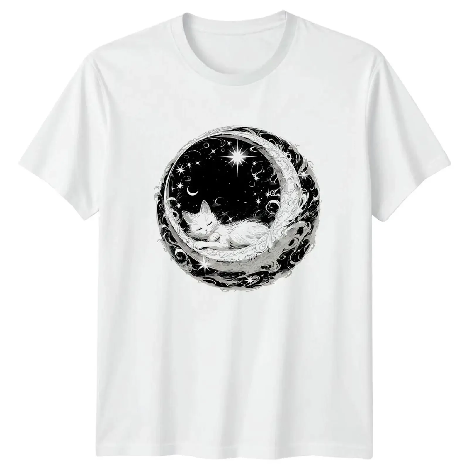 Celestial Cat Nap T Shirt Moon Stars Kitten Magic vintage Washed Soft homme Comfortable streetwear Unisex Slightly Stretched