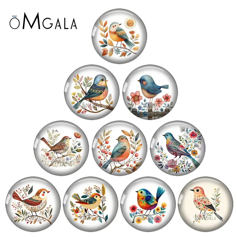 Lovely Art Folk Bird with Flower Paintings 10pcs 12mm/18mm/20mm/25mm Round photo glass cabochon demo flat back Makings