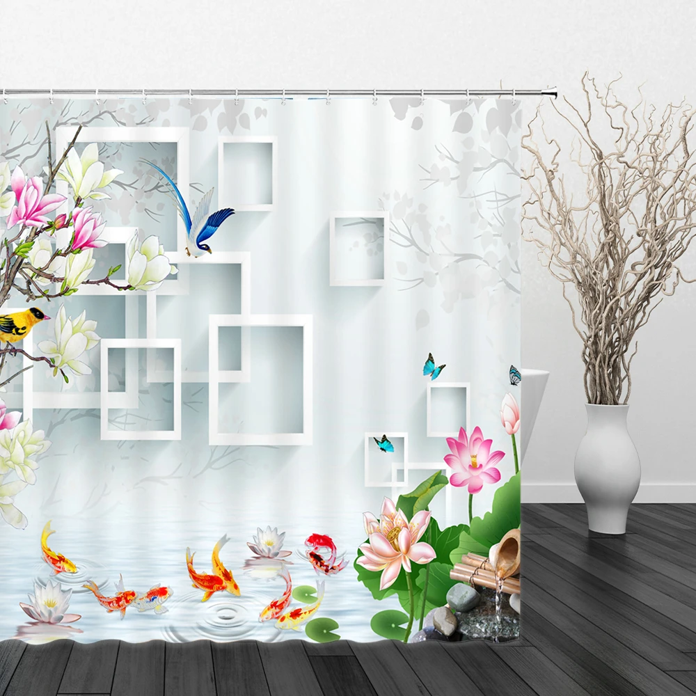 

3D Flower View Shower Curtain Peony Lotus Flowers Bird Peacocks Butterfly Fish Pattern Waterproof Bath Curtains Bathroom Screens