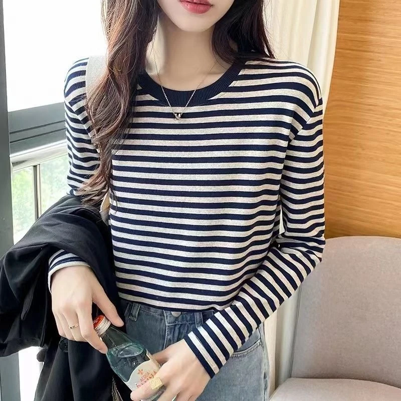 

Женская футболка с цветными полосками, с круглым вырезом, с длинными рукавами, легкий хлопковый топ, базовая футболка на осень-зиму