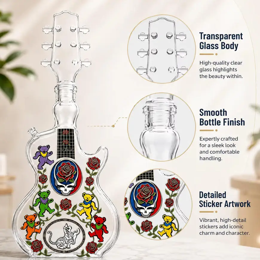 Guitar Shaped Whiskey Liquor Bottle Grateful Dead Dancing Bear Skull Rose Pattern Creative Glass Home Bar Decor Perfect Present