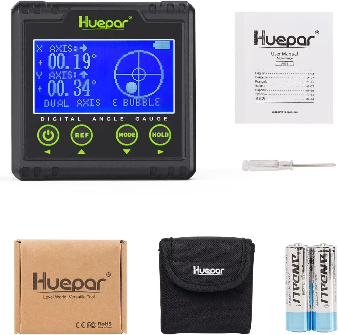 Imagem -06 - Huepar-digital Angle Gauge Transferidor Bolha Eletrônico Angle Finder Caixa de Nível Eixo Duplo 0.01 ° Resolução V-groove Magnético