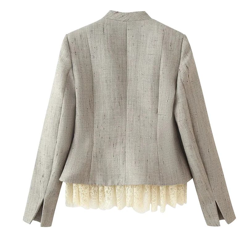 YENKYE Spring Autumn Women Patchwork Elegant Blazer Long Sleeve Single Breasted Lace Hem Peplum Outerwear