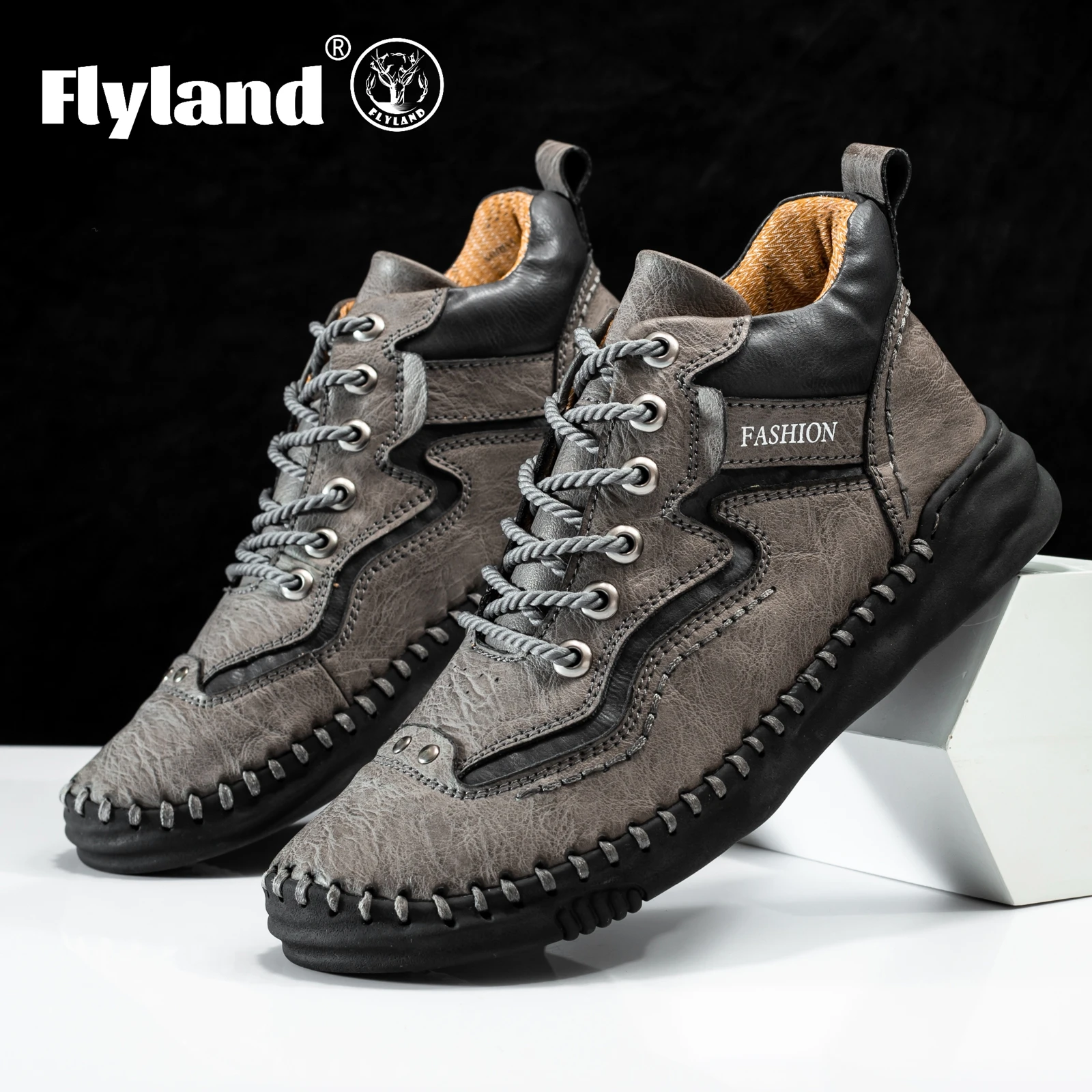 FLYLAND Men\'s Fashion Vintage Hand Stitching Soft Business Casual Leather Ankle Boots Handmade Shoes